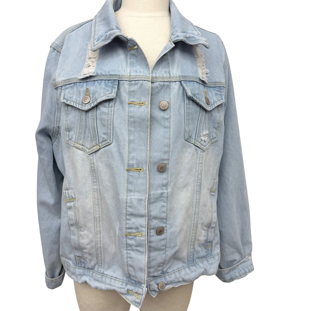 Fashion Wear Distressed Denim Trucker Jacket Grunge Y2K Boho Light Wash XL Blue